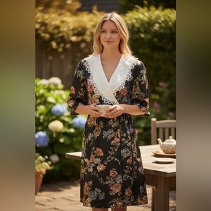 Vintage Floral Shoulder Pad Casual - 1/2 Wrap
Midi Dress
Uni Mondo - Size 12